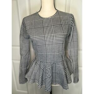 ASOS Peplum Top Houndstooth Glen Check Size 6 Black White Long Sleeve Stretch